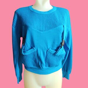 Medium Vintage Sweatshirt 1980's New Wave Knit Buckle Strap Pockets Nicolette
